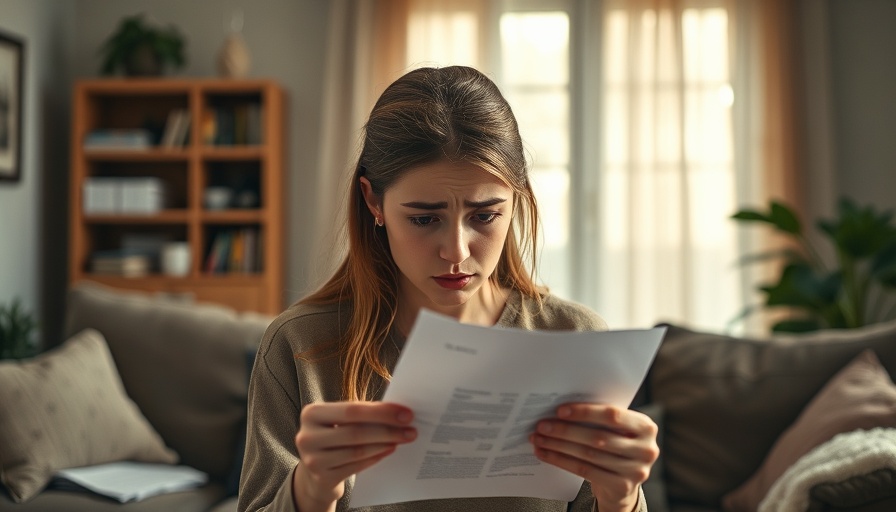 Concerned woman with bills in cozy room, AI driven energy consumption.