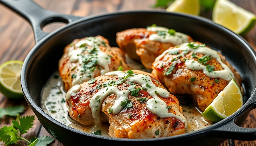 Juicy cilantro lime chicken thighs garnished with creamy sauce.