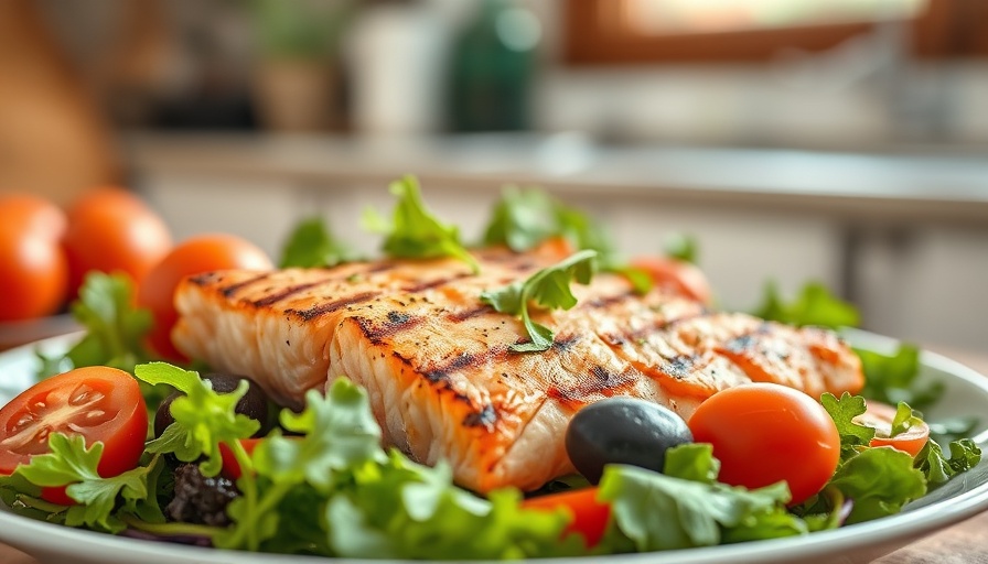 Mediterranean diet dish with grilled salmon and greens, promoting health.