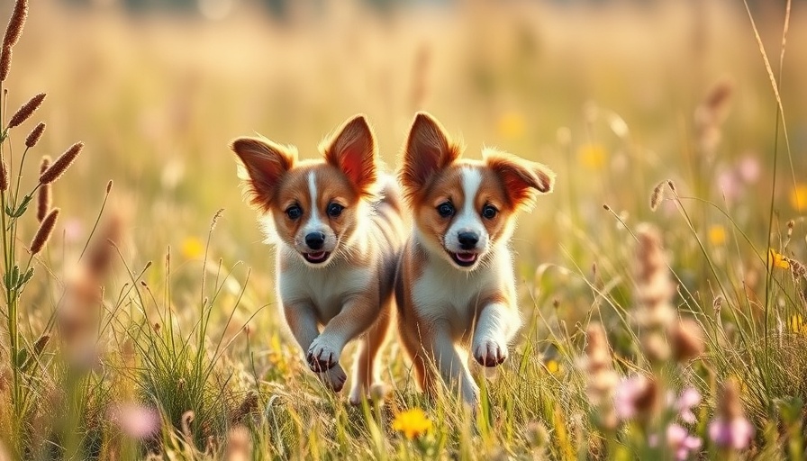 Two playful small dogs in a sunlit meadow, symbolizing daily supplement for dogs during seasonal changes.