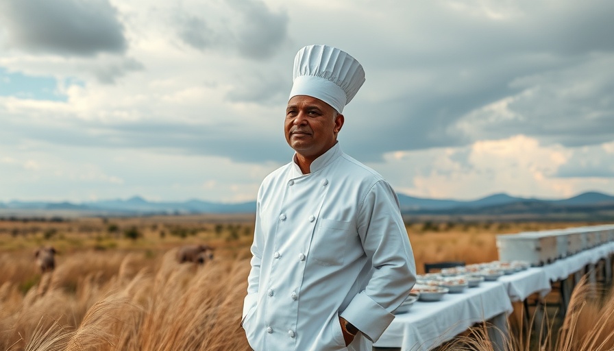 Chef and buffet in savanna depicting Anthropocene environmental impact.
