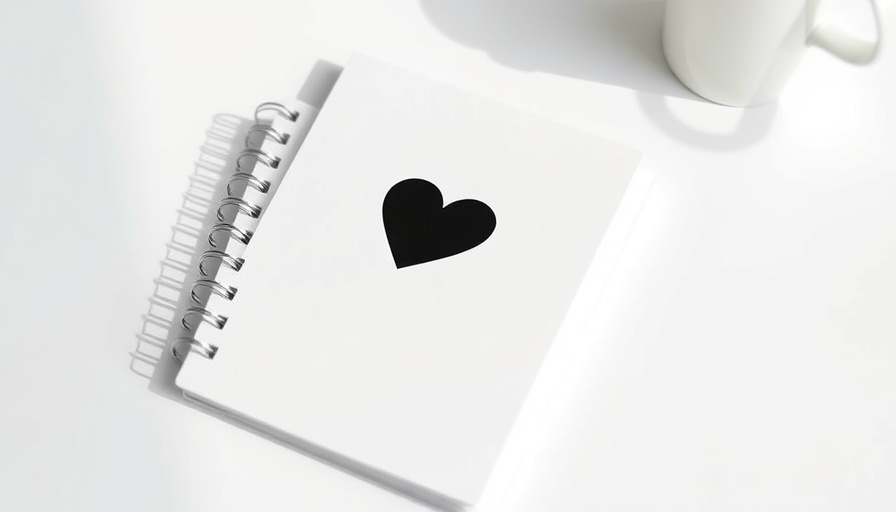 Minimalist white notebook with black heart, symbolizing notes to self for personal growth.