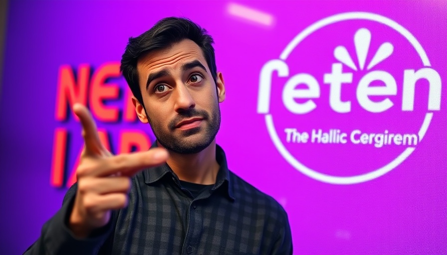 Man gesturing at vibrant graphic with text, AI Image Editing theme