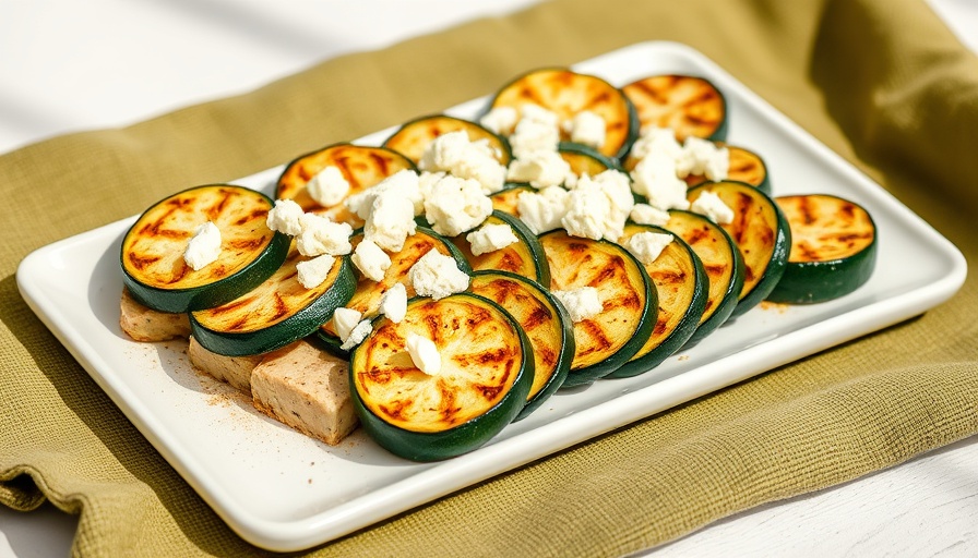 Easy Grilled Greek Zucchini topped with feta cheese on a white platter.