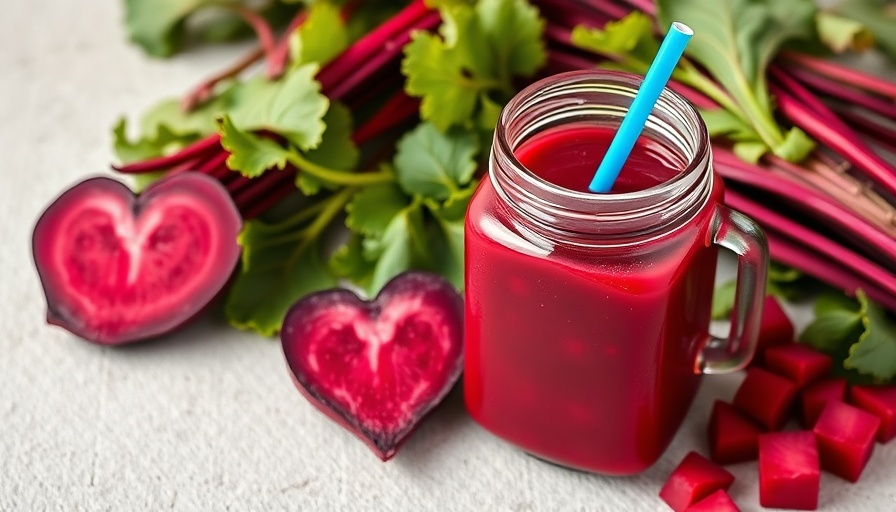 Vibrant beet juice and beets with heart shape, promoting lower blood pressure.