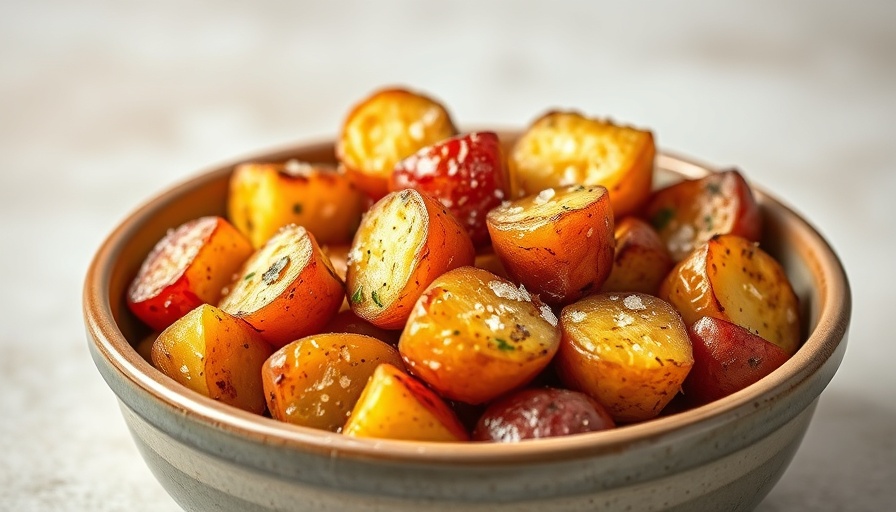 Crispy roasted red potatoes with herbs in a rustic bowl.