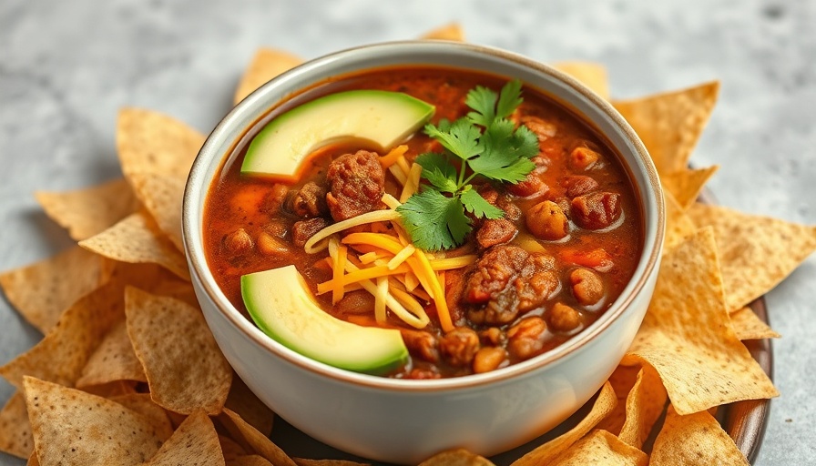 Seasonal chili recipe with avocado and tortilla chips in September.