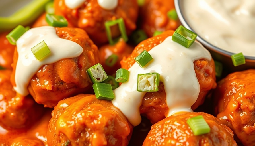 Delicious buffalo chicken meatballs garnished with sauce and onions.
