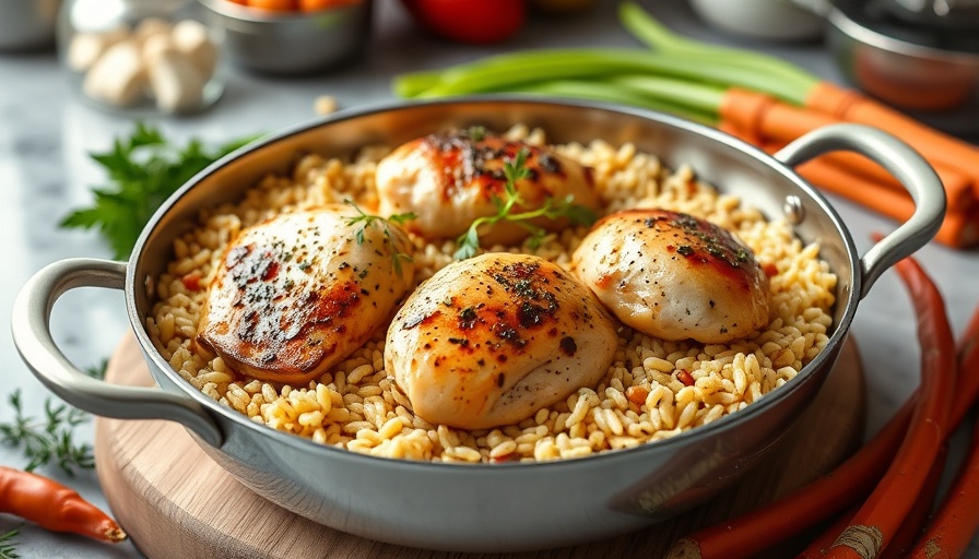 Delicious chicken and orzo skillet dish with vibrant ingredients