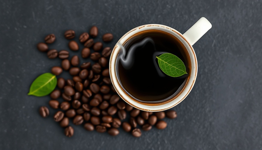 Coffee cup with beans and leaf on dark surface, related to autophagy and lifespan.
