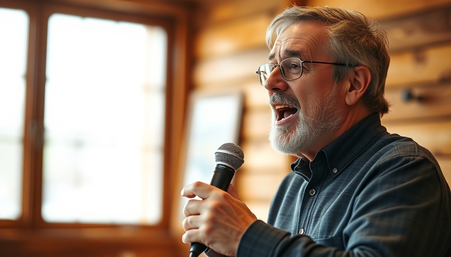 Middle-aged man discussing technology in wooden interior