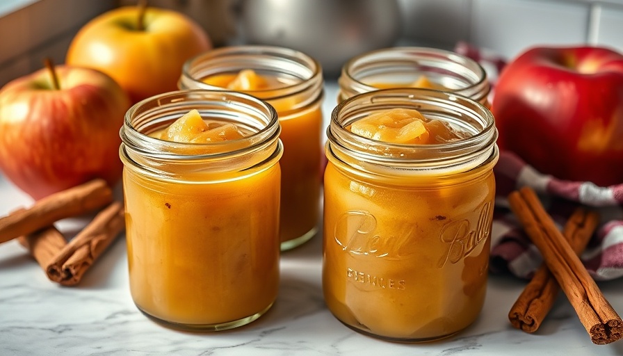 Crockpot applesauce recipe with jars of applesauce, apple, and cinnamon.