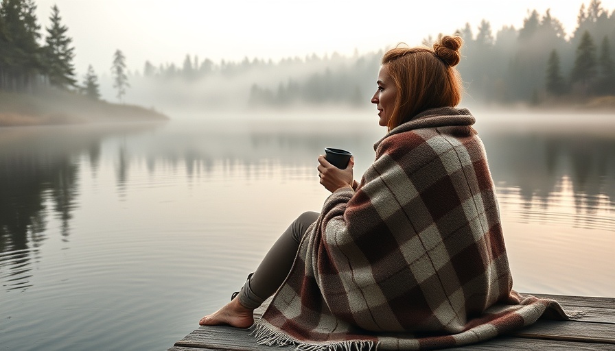 Woman practicing mindfulness by a misty lake, staying present.