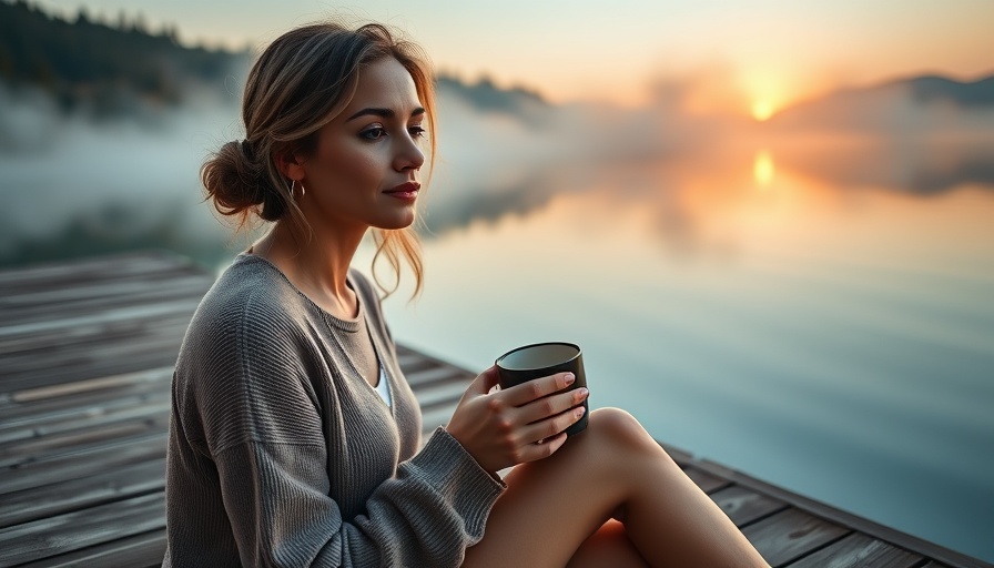 Woman enjoying sunrise on a lakeside deck, staying present.