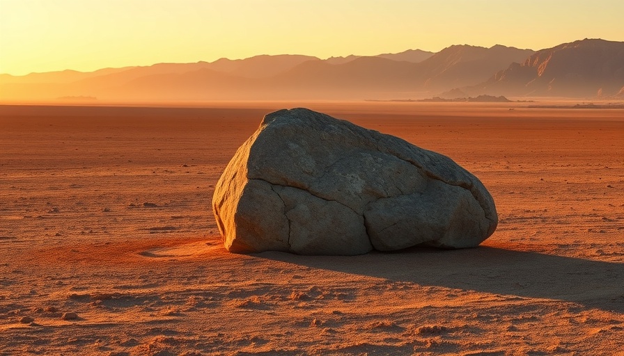 Solitary rock in desert with purple mountains at sunset, social comparison metaphor.