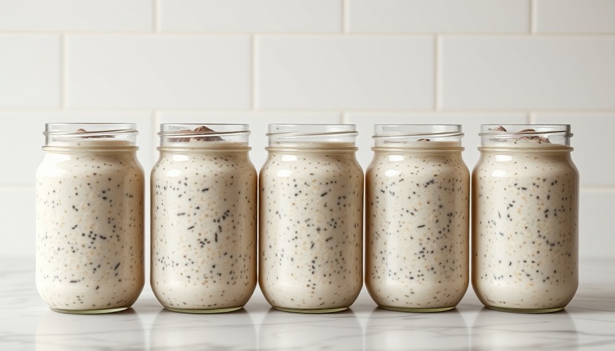 Neat row of overnight oats jars on a marble counter.