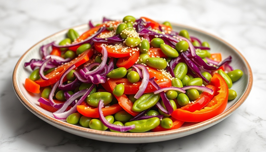 Vibrant Sesame Edamame Salad with mixed vegetables and sesame seeds.