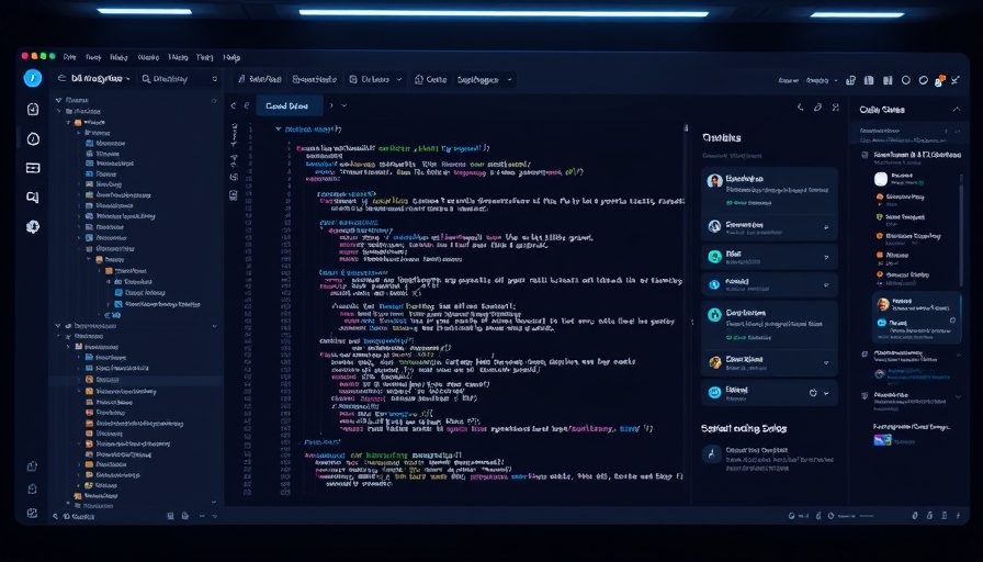 AI-powered IDE showing coding interface with chat integration, sleek design.