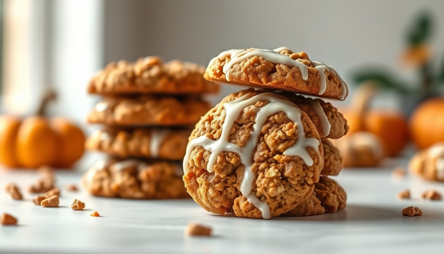 Stack of pumpkin oatmeal cookies with icing drizzle.