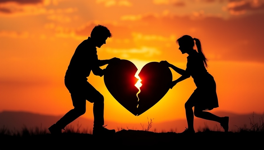 Silhouettes uniting pieces of a heart at sunset, symbolizing healing.