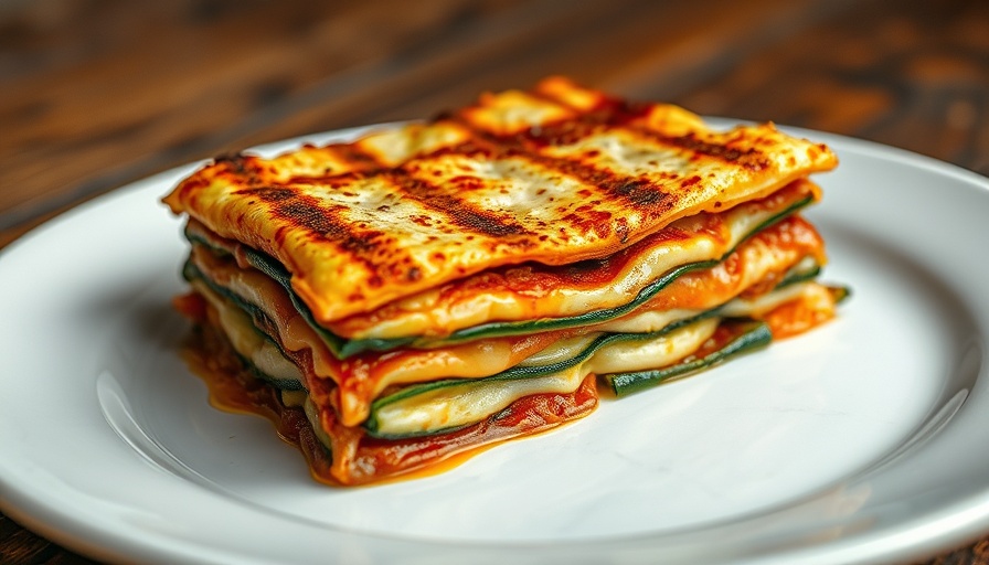 Grilled Zucchini Lasagna on a plate, wooden table setting