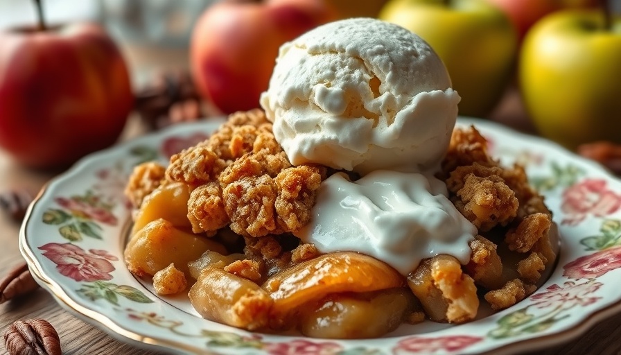 Gluten-free apple crisp with ice cream on floral plate.