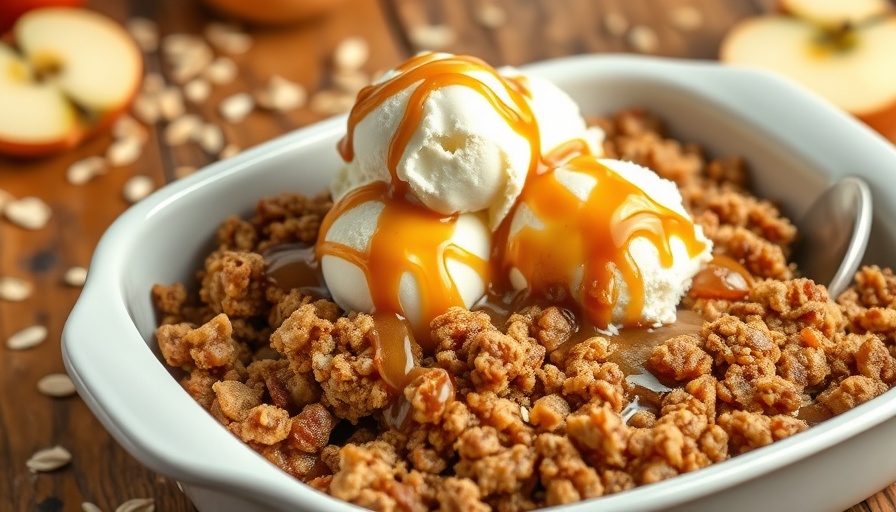 Salted Caramel Apple Crisp Recipe with ice cream and caramel drizzle.