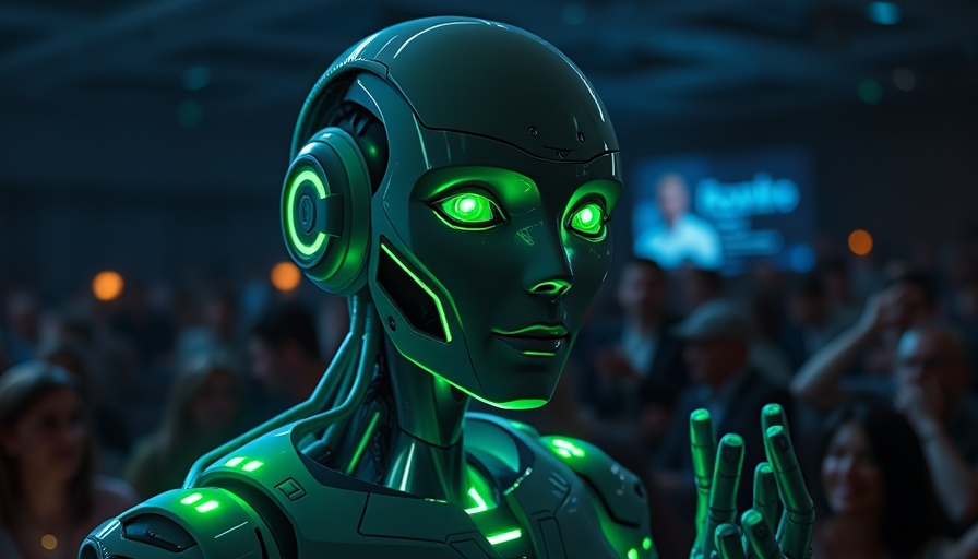 Futuristic humanoid AI presentation at tech conference, trillion parameter AI models.