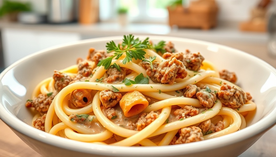 Lightened Up Hamburger Helper Recipe in creamy sauce with herbs.