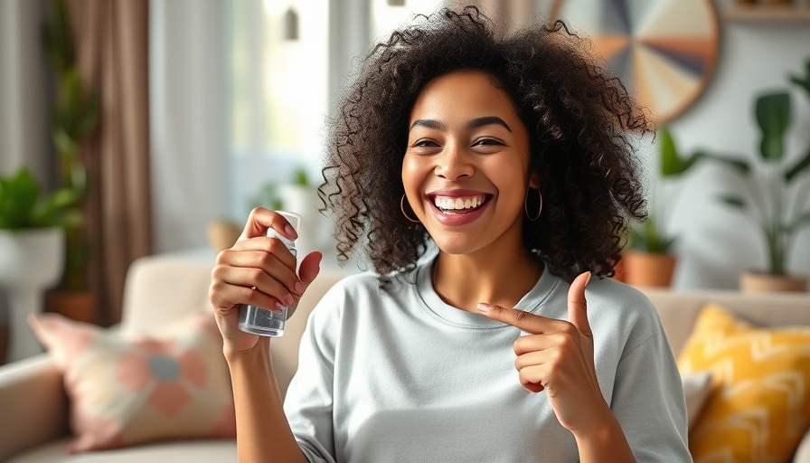 Joyful woman showing allergy spray in bright, cozy room.