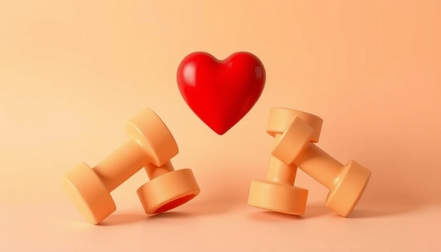 Minimalist red heart among dumbbells for managing hypertension.