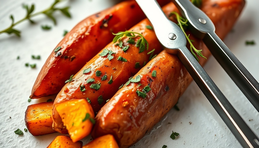 Close-up of vibrant roasted sweet potatoes with herbs highlighting health benefits.