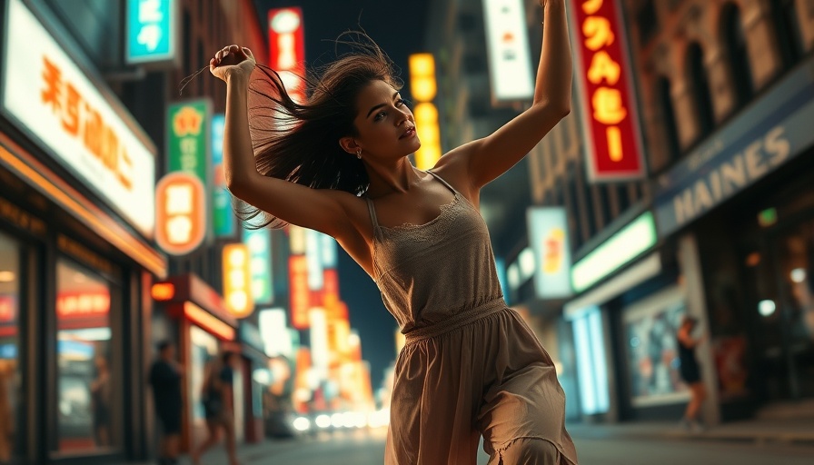 Young woman dancing in flow state in city street with neon lights.