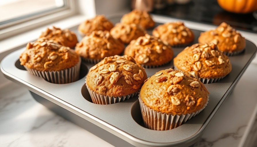 Pumpkin streusel oat muffins freshly baked in a tray.