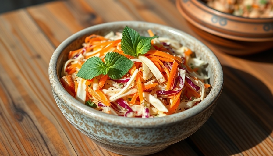 Moroccan salad with cabbage, carrots, and mint in a ceramic bowl, rustic setting.