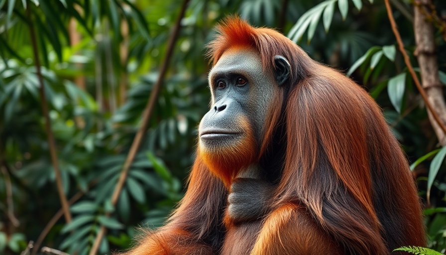 Majestic orangutan in verdant jungle, highlighting diet strategies.
