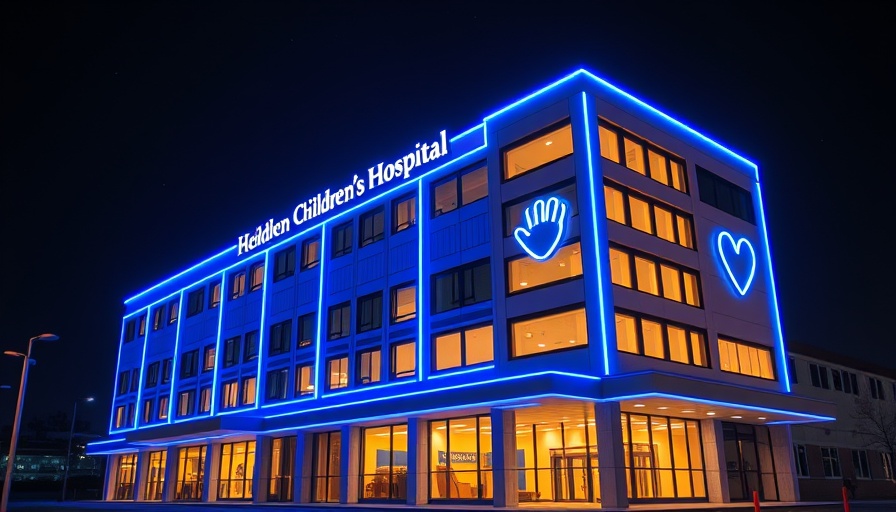 Neon-lit children's hospital facade at night with glowing symbols.