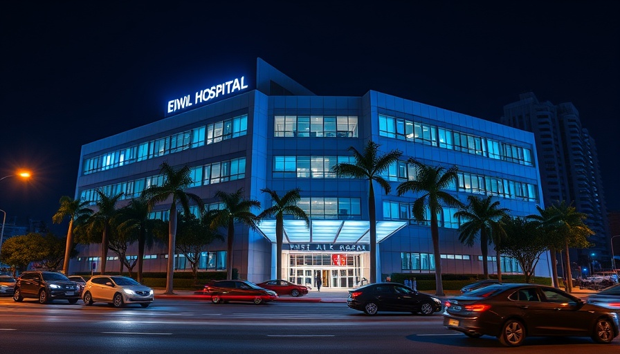 Modern hospital at night with lights and palm trees, illustrating healthcare impact.