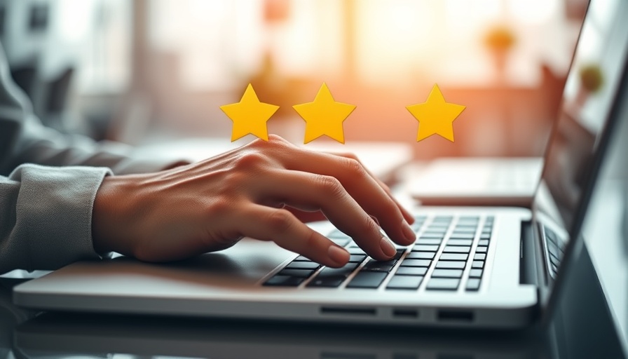 User typing on laptop with floating star reviews symbolizing consumer trust and personalization.