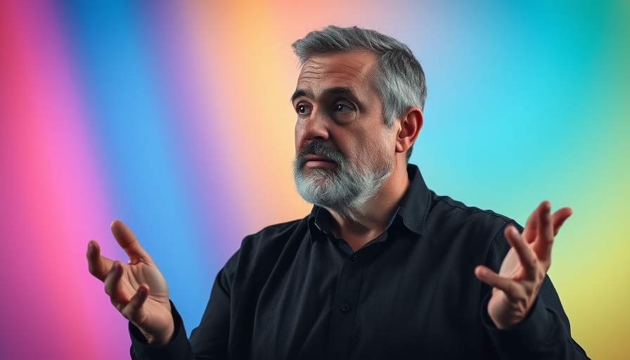 Middle-aged man explaining with colorful background, Machine Consciousness.