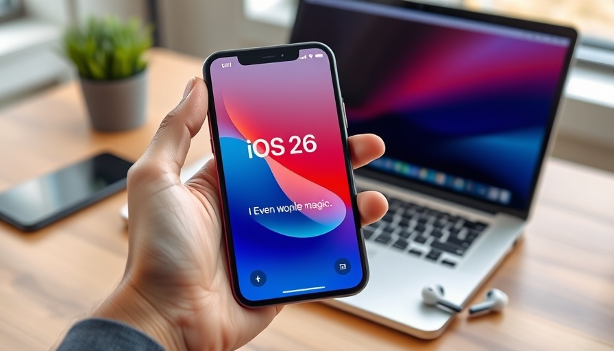 iOS 26 update features shown on smartphone in workspace.