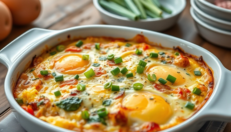 Savory vegetable egg bake garnished with green onions in a white dish.