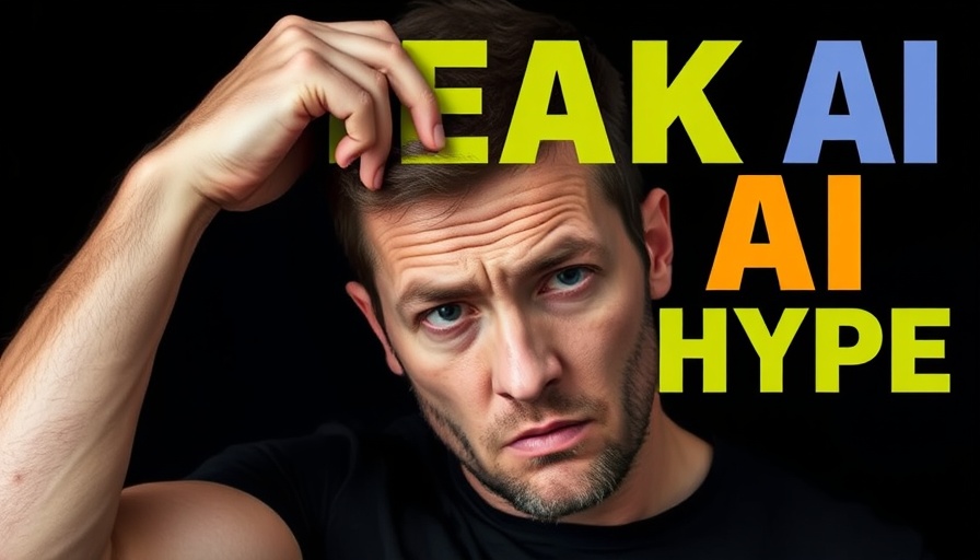 Stressed man thinking about peak AI hype on black background.