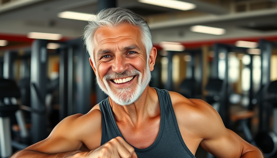 Energetic senior man embracing health, exercising in gym, vibrant scene.