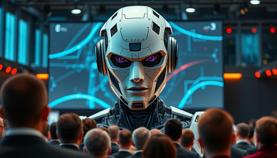 Futuristic robot humanoid introduced at tech conference.