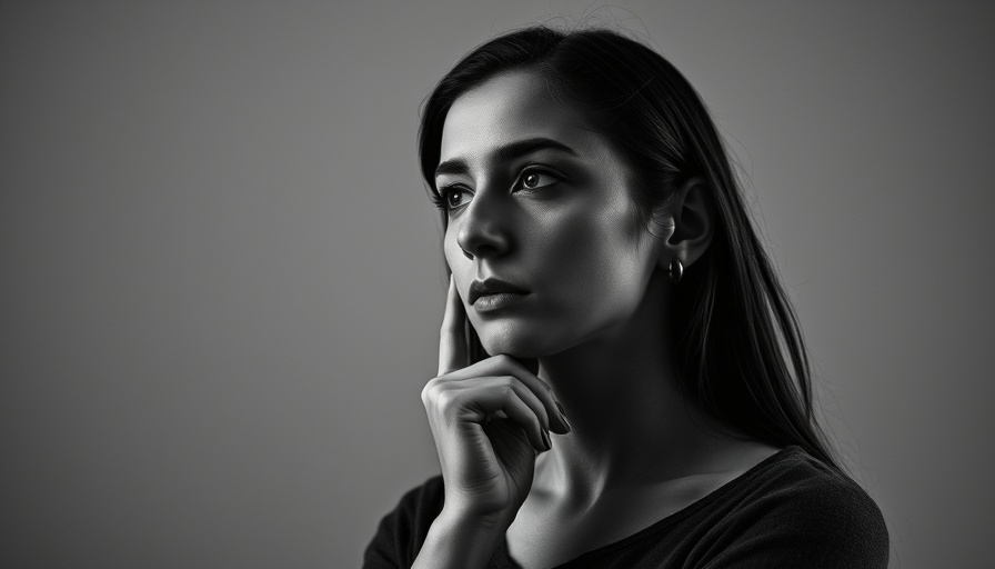 Black and white portrait of woman thinking with hand on chin.