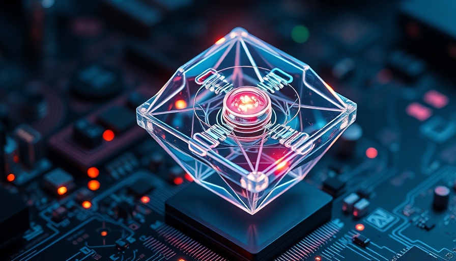 Futuristic transparent quantum device on digital circuit board, Quantum-Safe 360 Alliance.