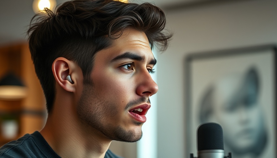 Young man demonstrating Apple AirPods with AI Translation indoors.