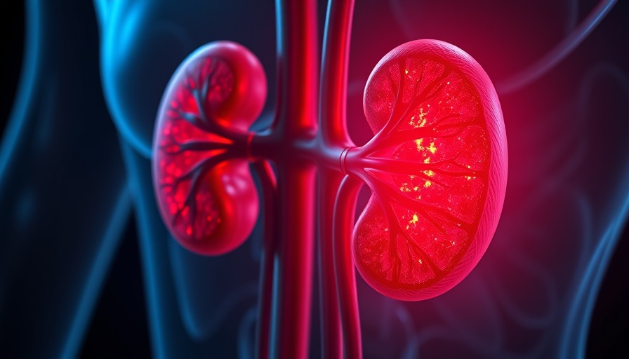 3D illustration of kidneys with red damage highlights.