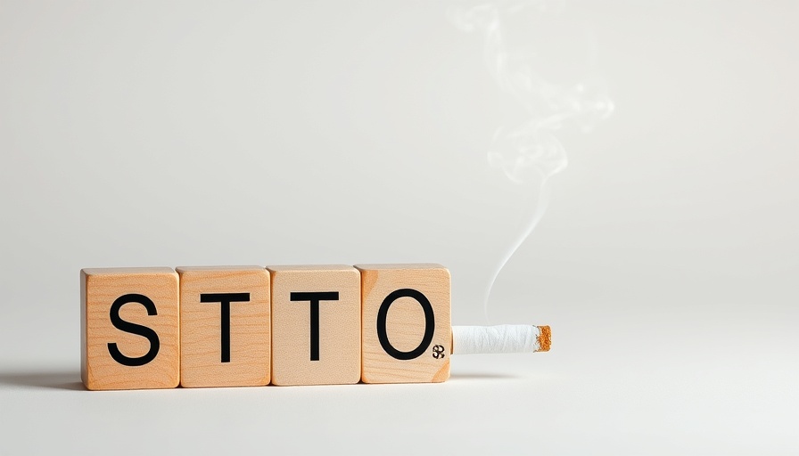 Wooden blocks spelling STOP with a smoking cigarette, symbolizing nicotine awareness.
